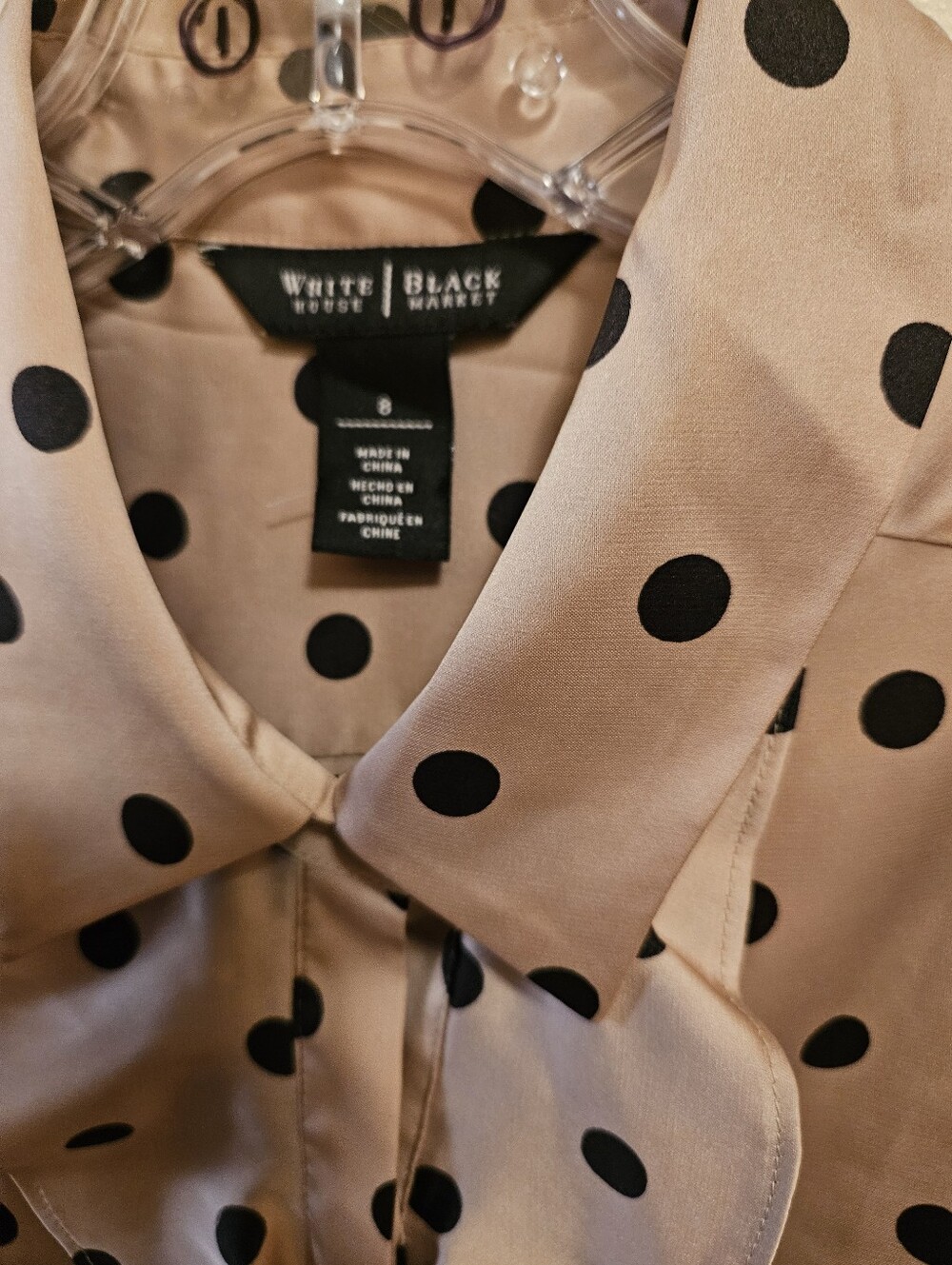 White House Black Market Beige/Tan & Black Polka Dot Lovely Ruffle Blouse, Sz 8 - Picture 2 of 16